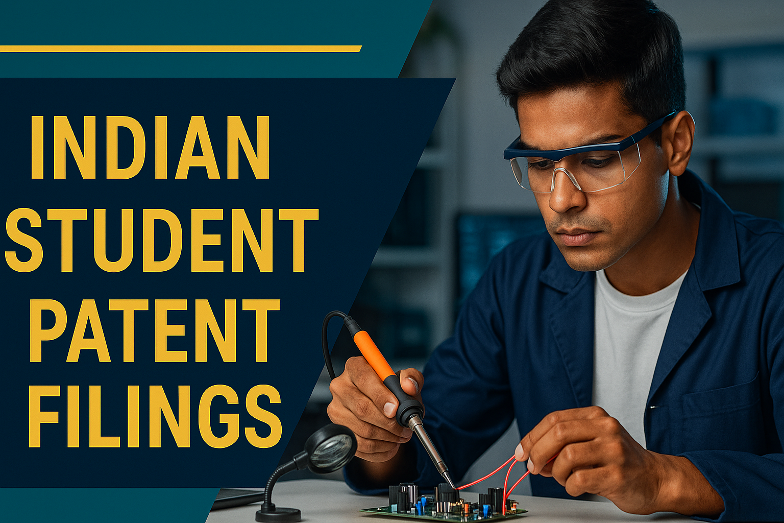 Banner image for Indian student patent filings, featuring bold, centered headline and a student working in a tech lab on electronics.