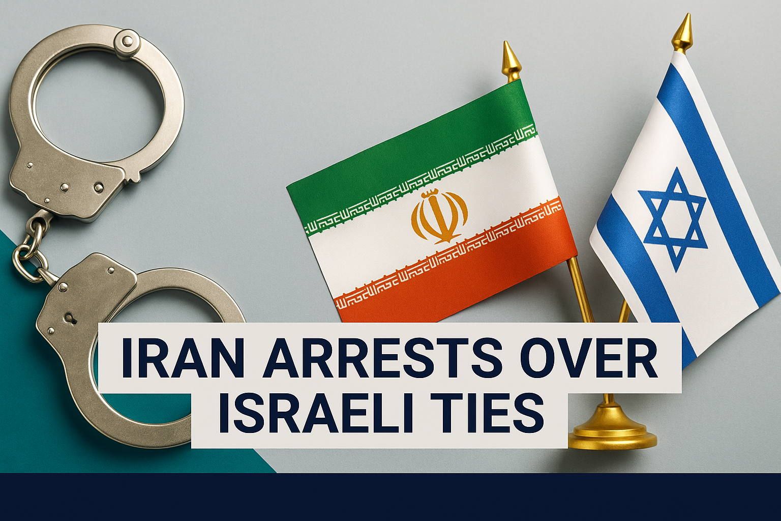 A digital banner featuring the headline “Iran Arrests Over Israeli Ties” in bold navy text, with silver handcuffs on a teal surface and miniature Iranian and Israeli flags in the background. Brand colors include navy blue, soft gold, teal, and light gray.