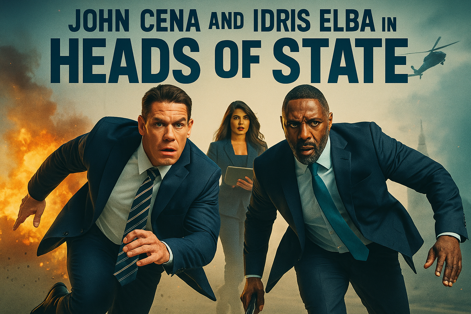 Action movie banner showing John Cena and Idris Elba in Heads of State with explosions and dramatic action poses