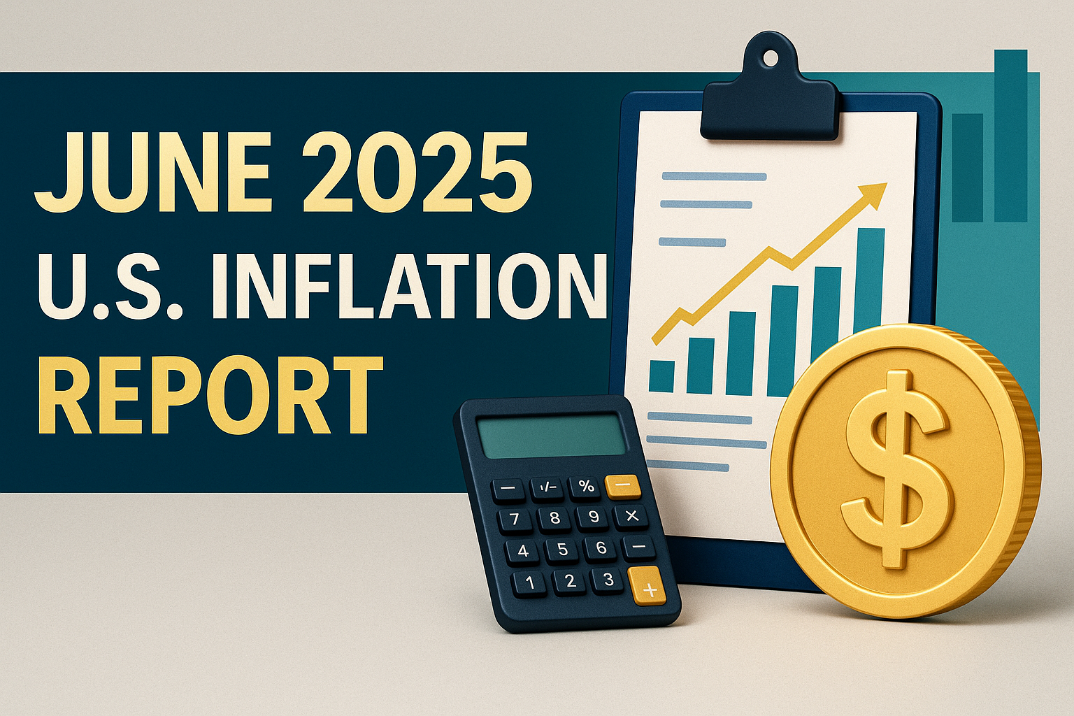 Banner image for June 2025 US inflation report featuring dollar coin, bar graph, and calculator on business-themed background.