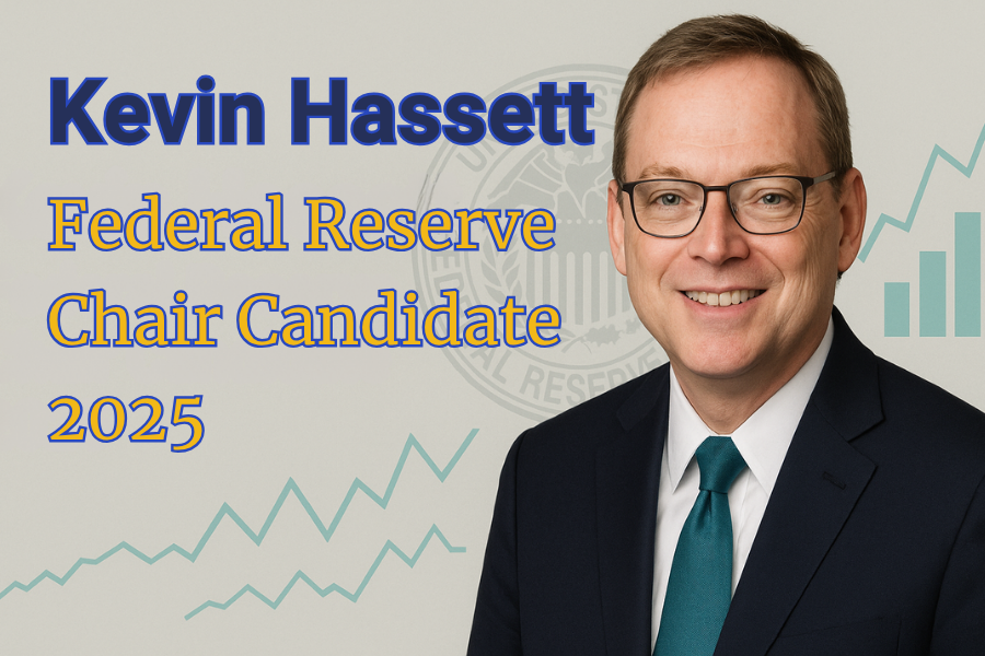 Banner image featuring Kevin Hassett as the Federal Reserve Chair candidate 2025, with clean layout and bold headline in navy blue, styled with light gray background, teal highlights, and gold accents.