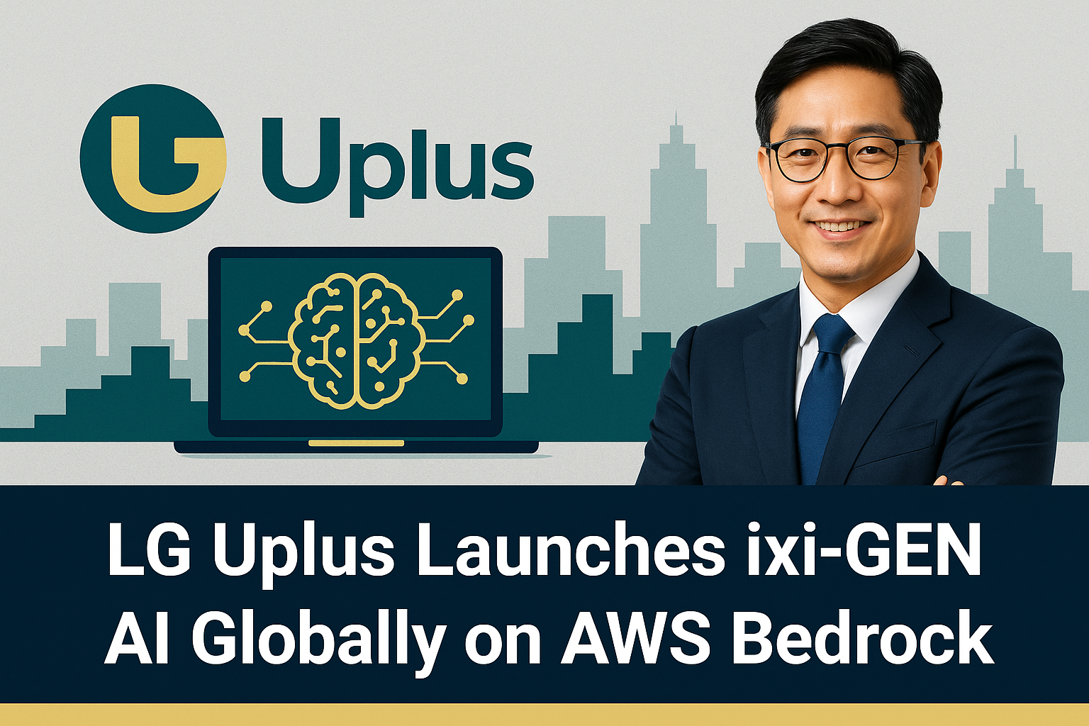 Promotional banner for LG Uplus ixi-GEN AWS Bedrock AI model global launch, featuring a businessman in a navy suit, AI laptop graphic, and cityscape backdrop in brand colors.