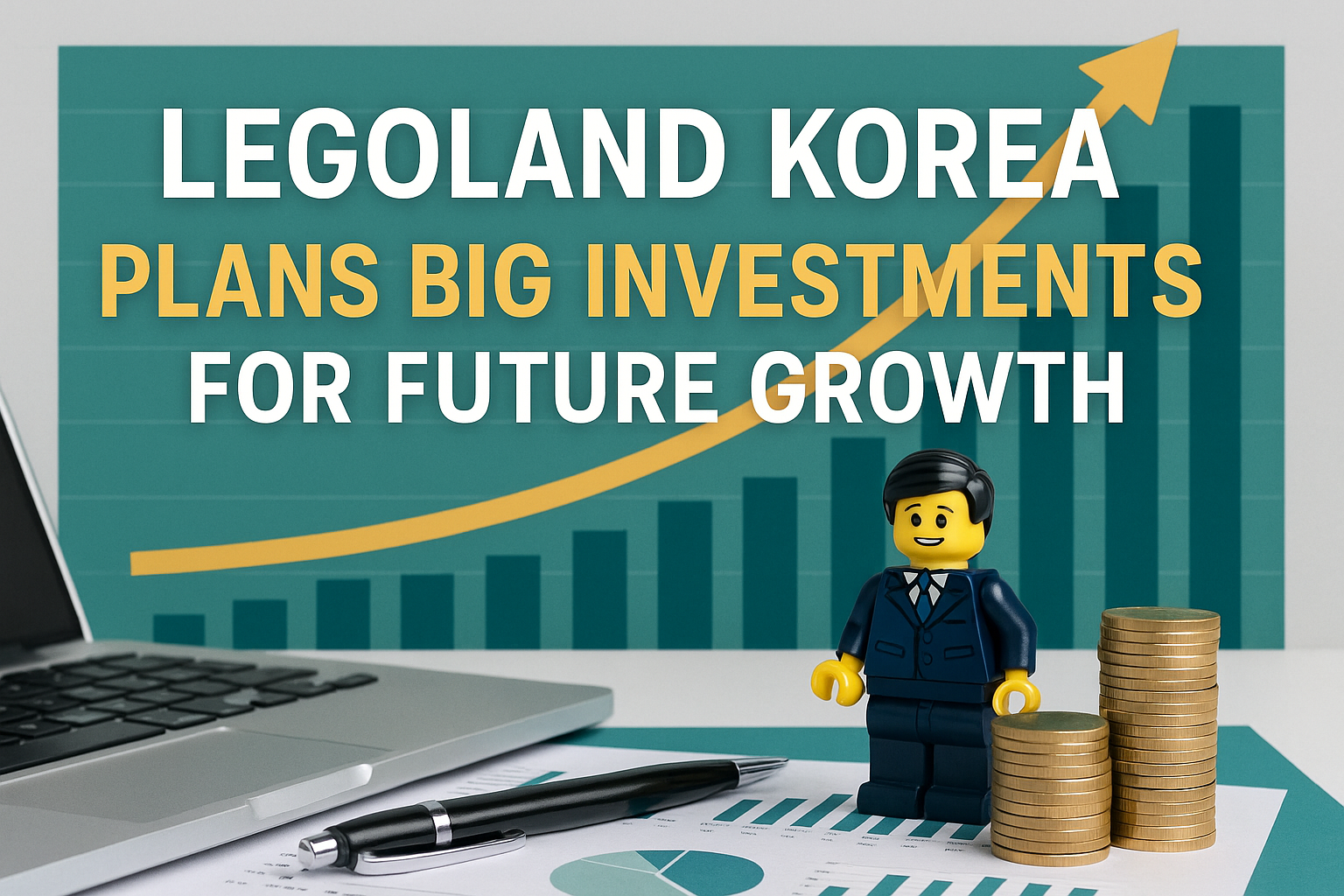 Legoland Korea investment banner showing LEGO figure, financial growth chart, and gold coins in navy blue, soft gold, light gray, and teal business theme.