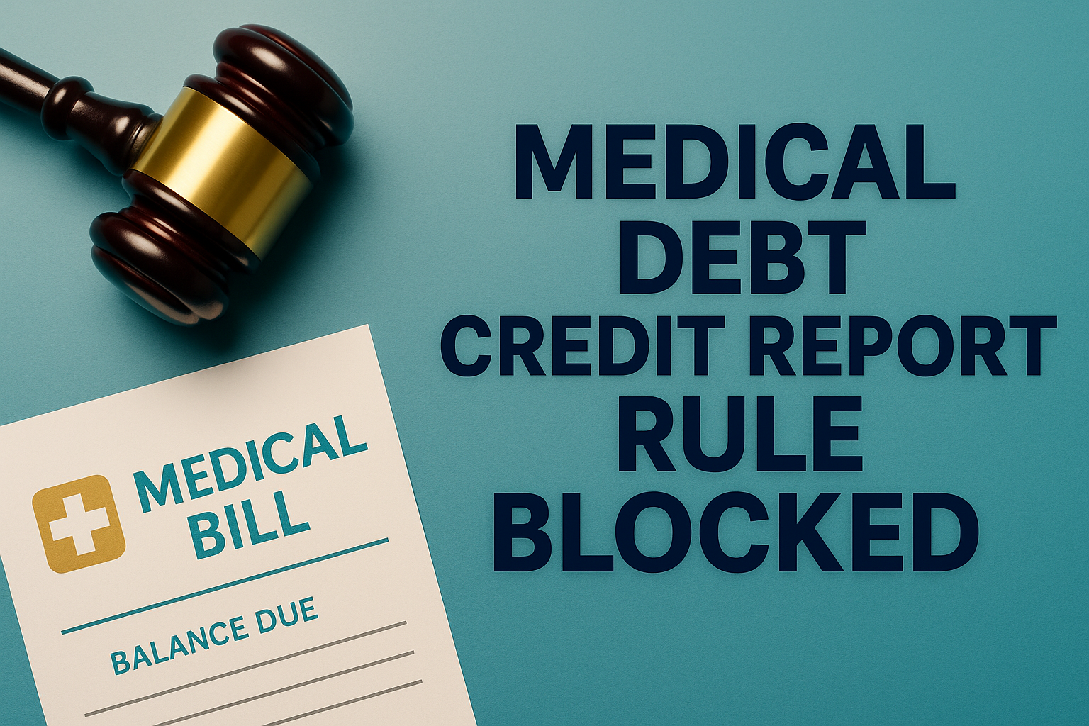 Medical Debt Credit Report Rule Blocked banner image showing a gavel and a medical bill on a teal background with bold navy headline text.
