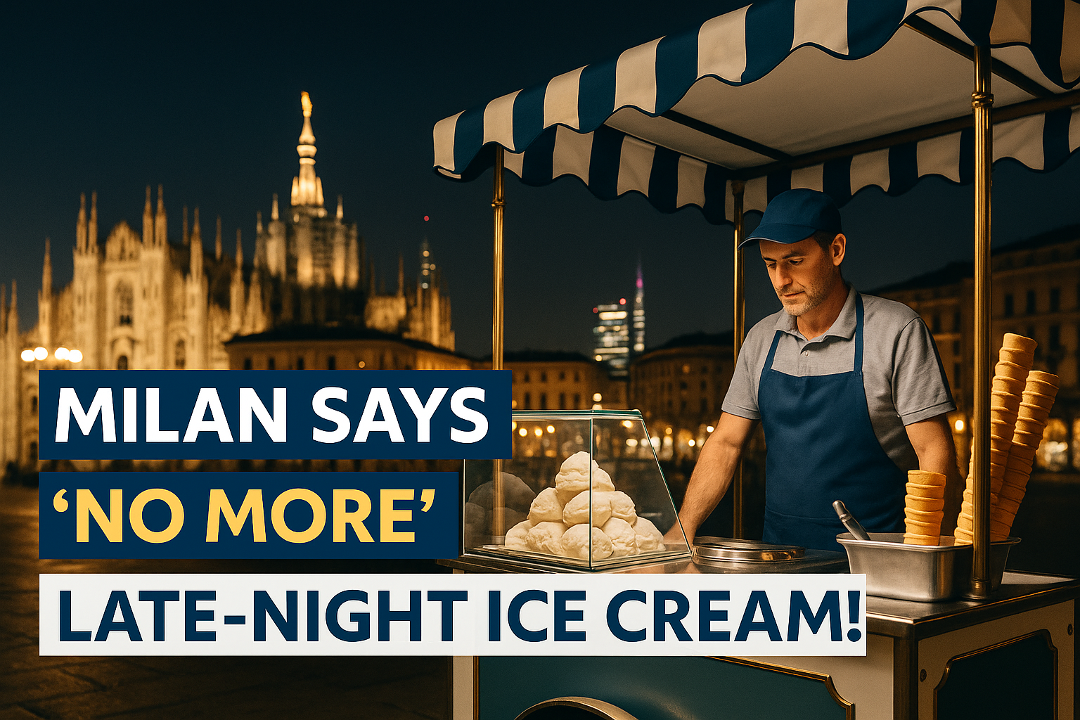 Photographic banner image showing an ice cream vendor under night lights in Milan, with Duomo and city skyline in the background—representing the Milan late night food ban.