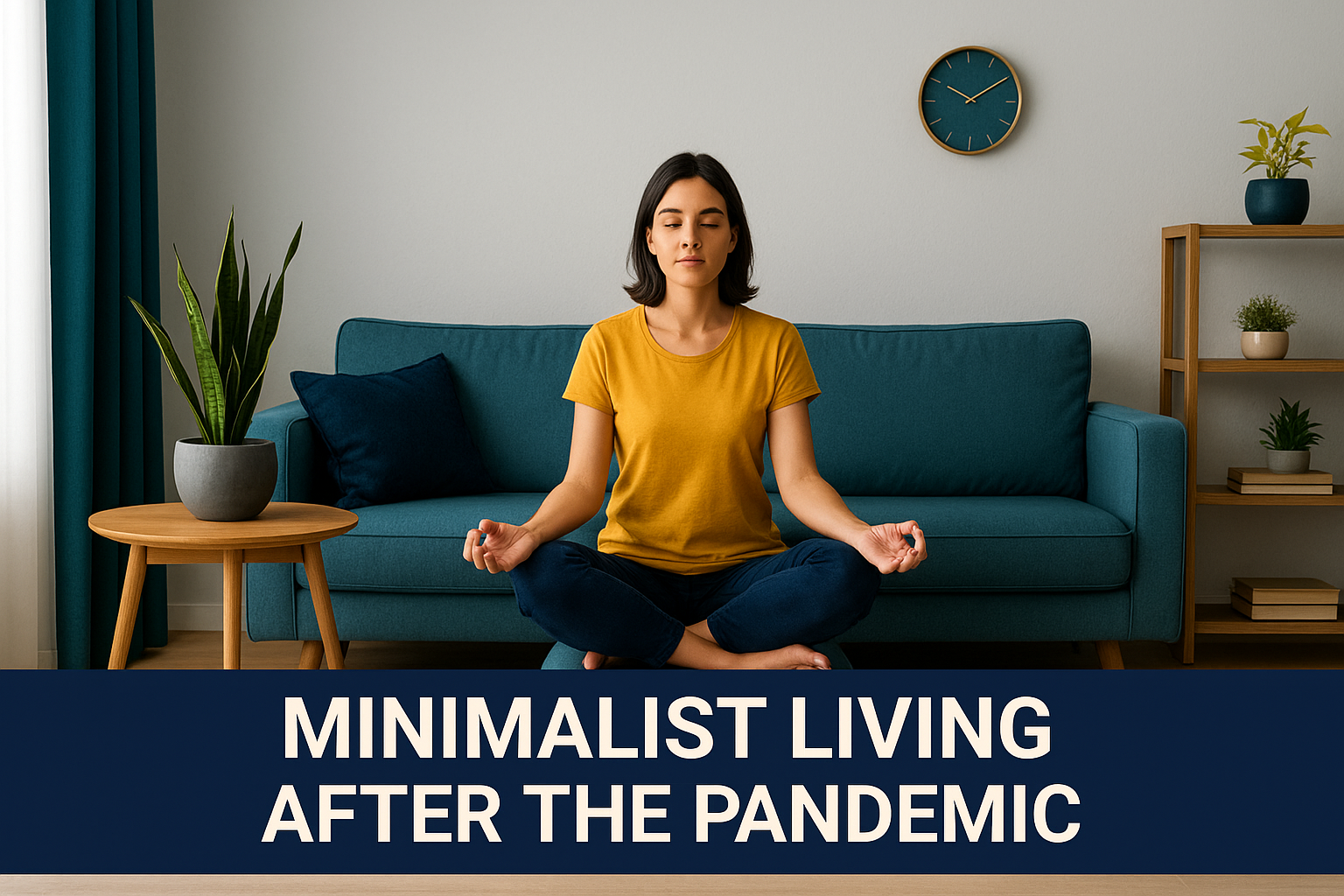 Banner image of a minimalist living room with a woman meditating on a teal sofa and centered bottom text reading “Minimalist Living After the Pandemic” in bold white on a navy blue background.