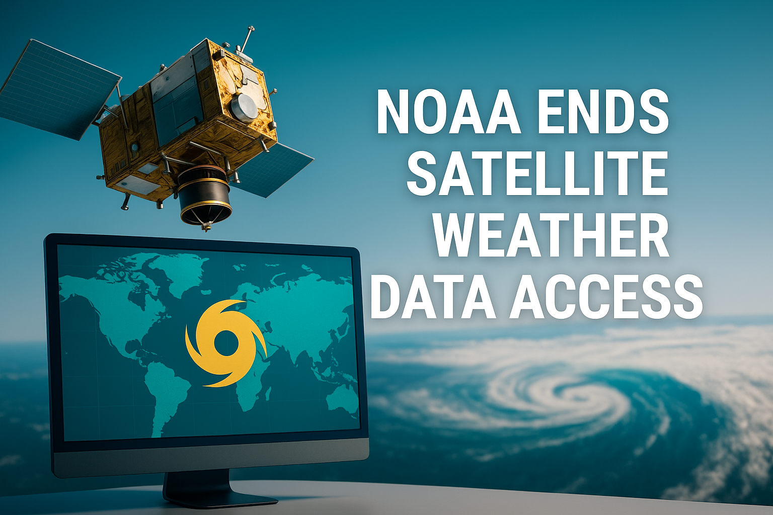 A digital graphic illustration announces NOAA ending satellite weather data access, featuring a bold headline in Roboto Bold, a stylized satellite, and a monitor showing a hurricane symbol over a world map. Uses navy, soft gold, teal, and light gray brand colors.