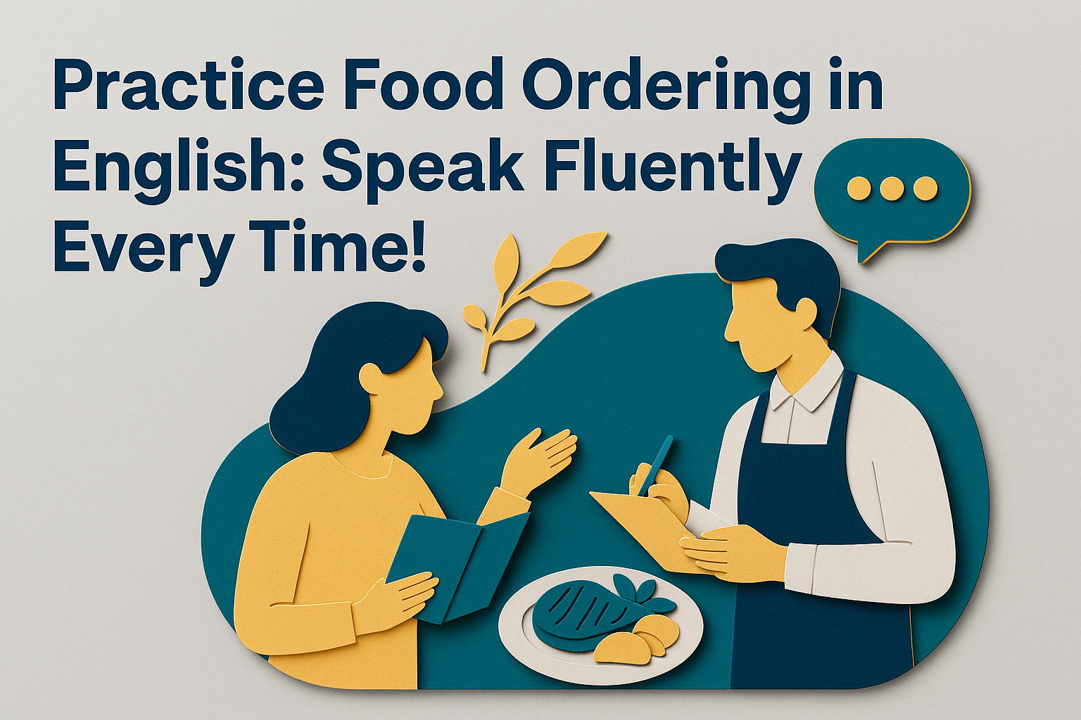 3D paper cutout banner image showing a customer ordering food in English from a waiter, with the title “Practice Food Ordering in English: Speak Fluently Every Time!” in bold navy text.
