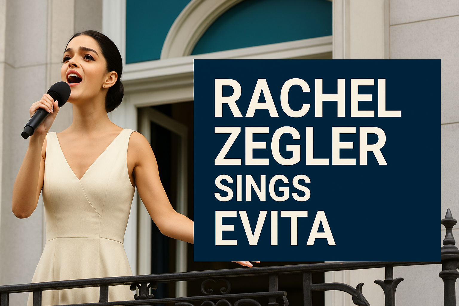 Promotional banner showing Rachel Zegler sings Evita on a balcony, with navy and teal design elements, styled for English learners and theatre fans.