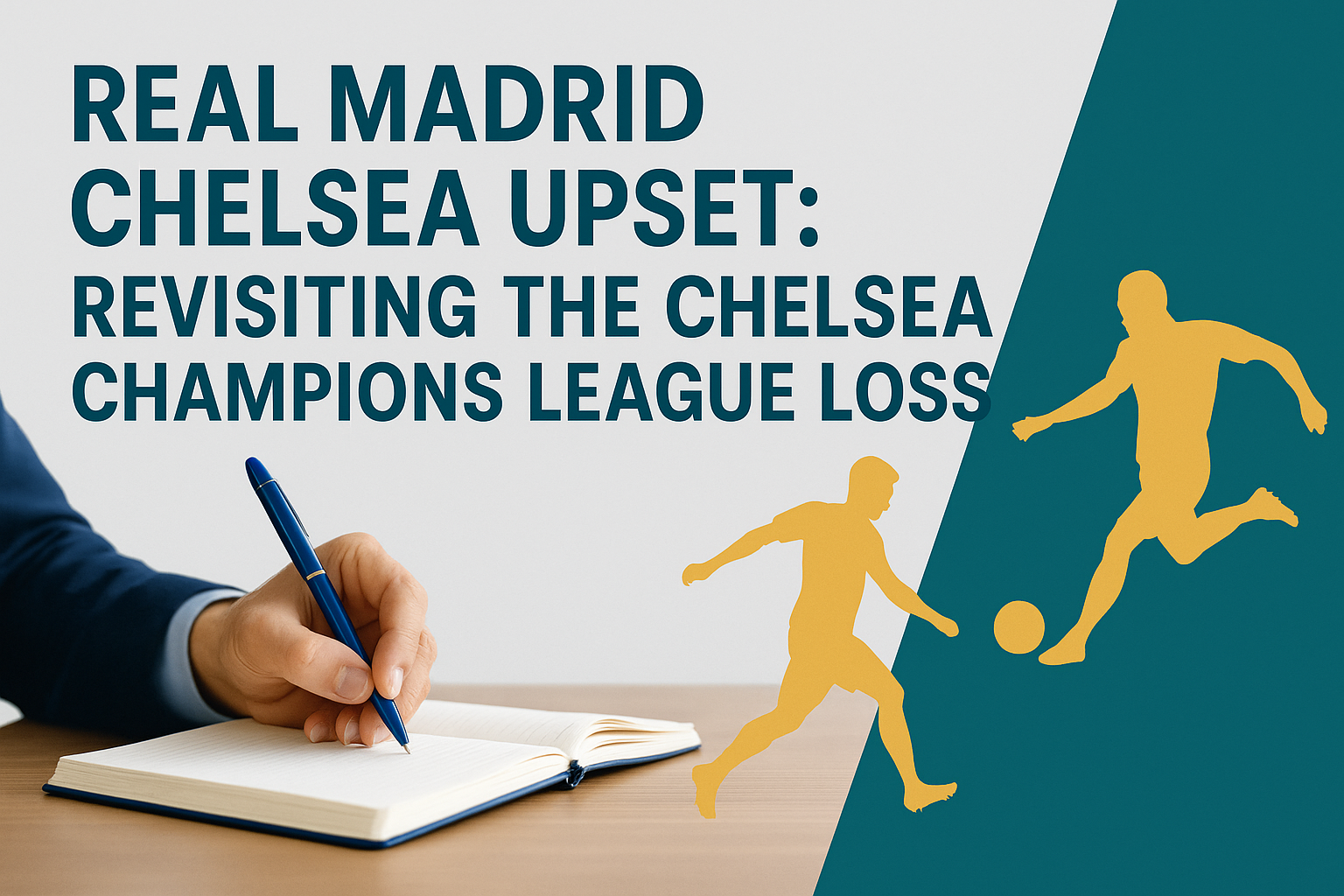 Banner image with the title “Real Madrid Chelsea Upset: Revisiting the Chelsea Champions League Loss” in navy blue Roboto Bold font, with soft gold football player silhouettes on a teal background — visually capturing the Real Madrid Chelsea Upset theme.