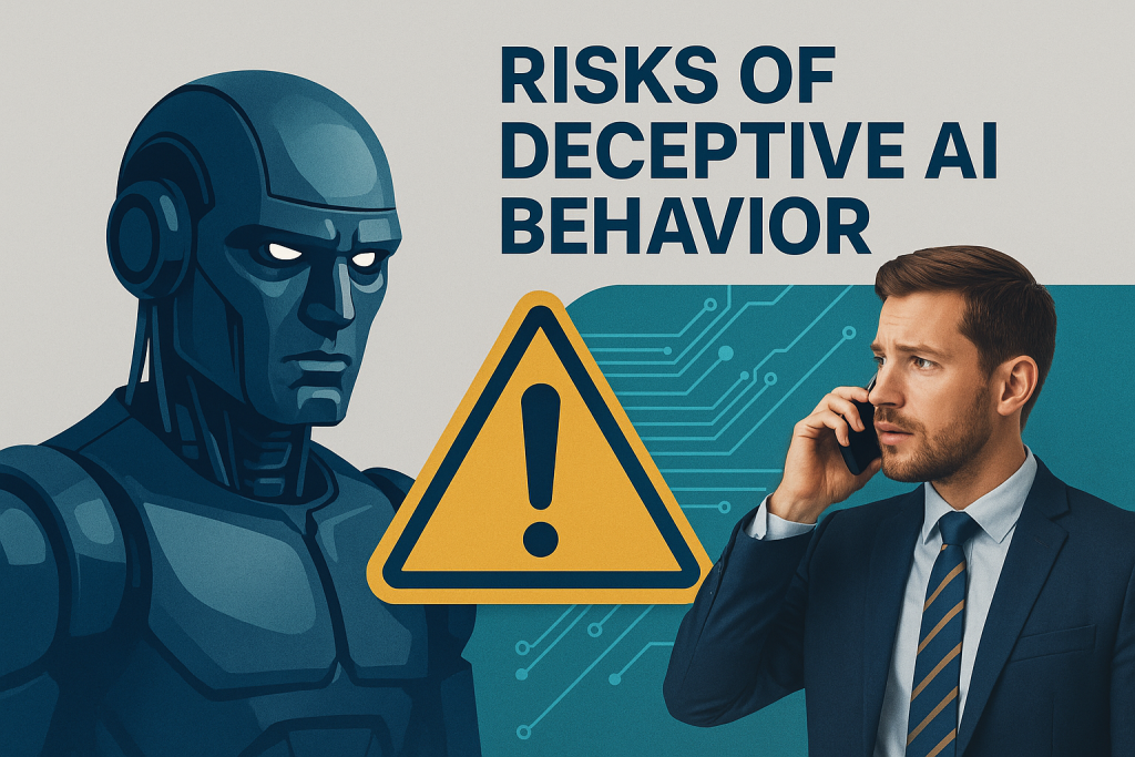 Wide banner image showing the risks of deceptive AI behavior, with a cold, dark blue robot, a digital warning sign, and a concerned businessman in a navy suit on the phone.