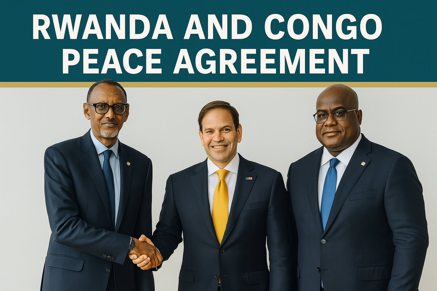 Rwandan President Paul Kagame, Senator Marco Rubio, and Congolese President Félix Tshisekedi pose after signing the Rwanda and Congo peace agreement in the US.