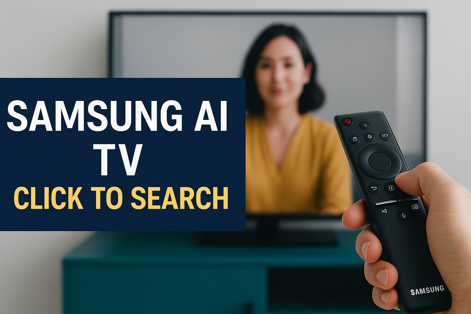 Banner for Samsung AI TV Click to Search showing a user pointing a remote at a smart TV, with bold centered text in navy blue and soft gold highlighting the feature.