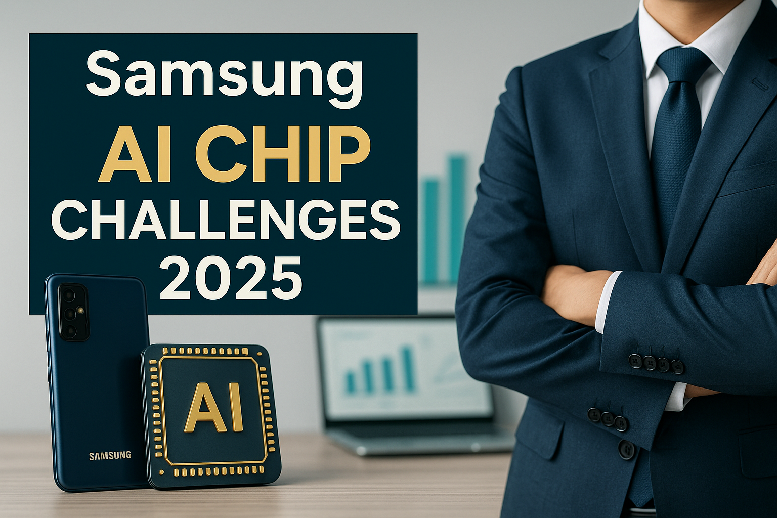 Banner image showing a Samsung smartphone, AI chip, and a suited professional in an office setting with bold text “Samsung AI Chip Challenges 2025” – highlighting the article’s focus on Samsung AI chip challenges 2025.