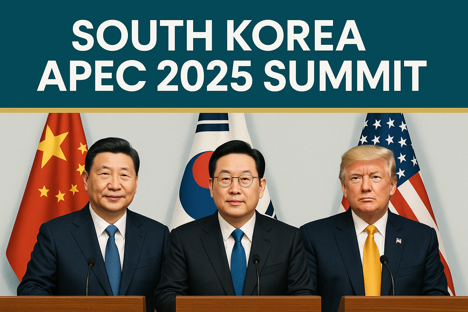 Leaders Xi Jinping, Lee Jae-myung, and Donald Trump standing at podiums with national flags behind them during the South Korea APEC 2025 Summit.