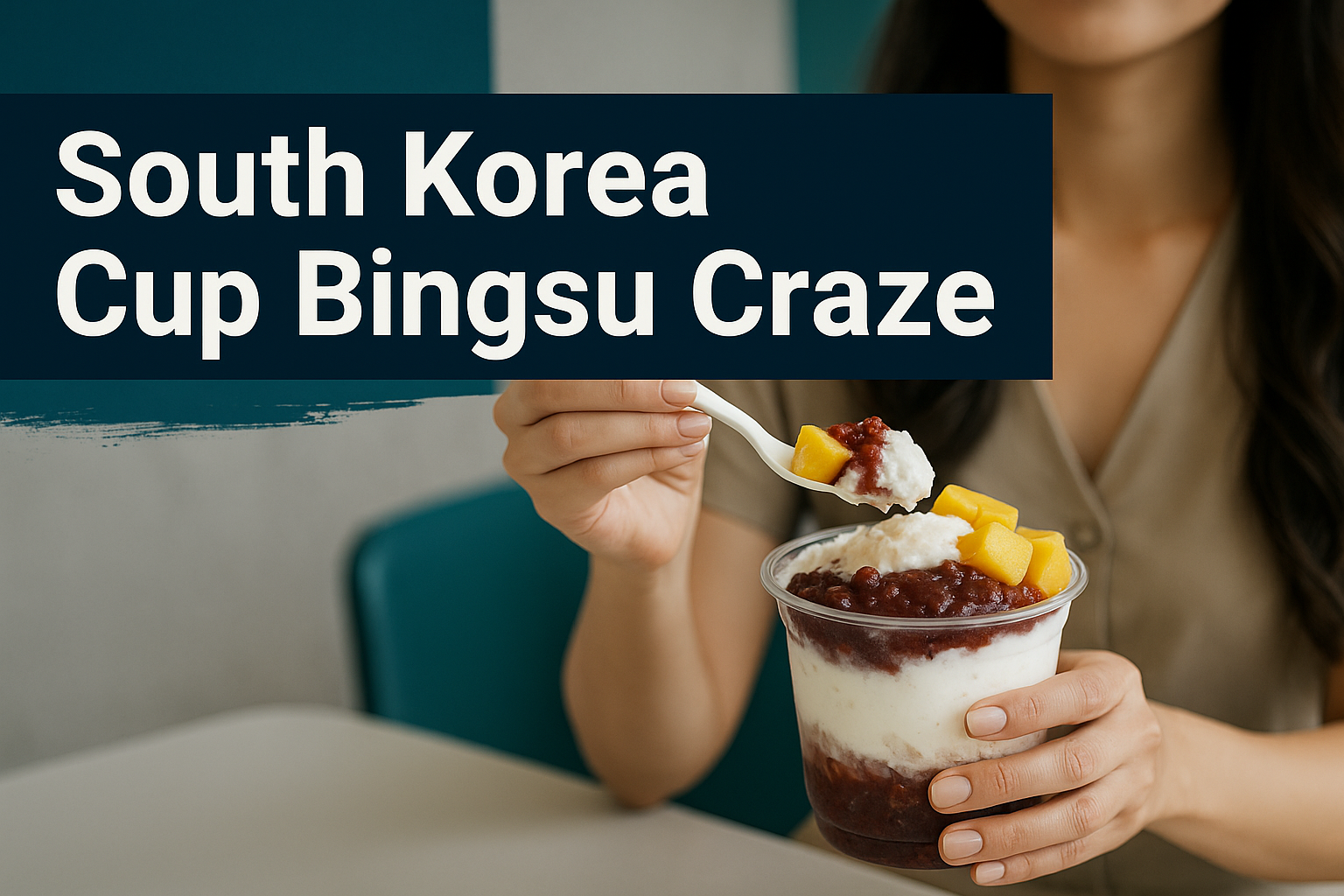 A banner image showcasing the South Korea cup bingsu craze, with a close-up of a person holding a layered dessert cup of red bean and mango bingsu, topped with whipped cream, beneath a bold navy blue title strip reading “South Korea Cup Bingsu Craze.”