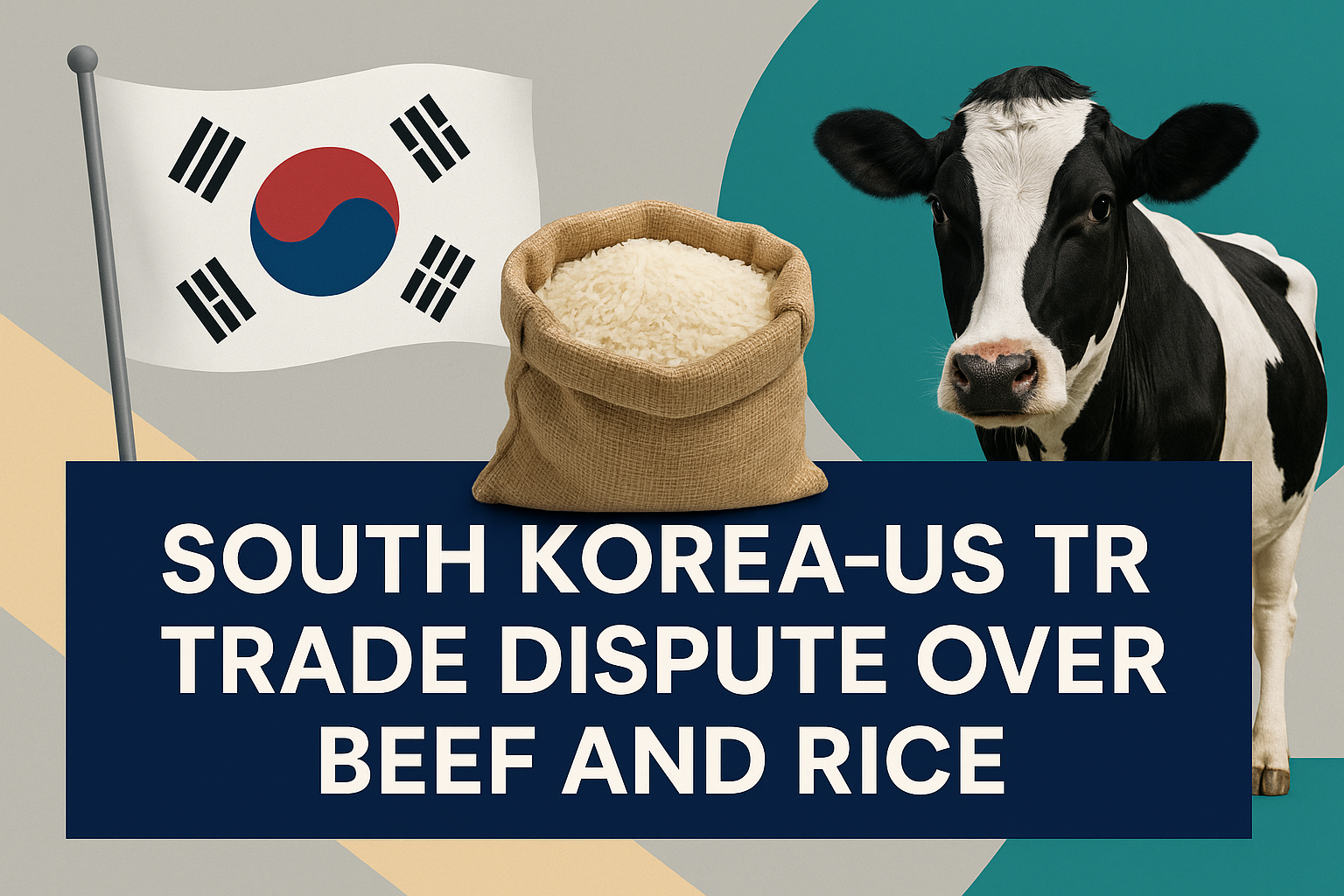 A digital news banner for the article titled "South Korea-US Trade Dispute Over Beef and Rice" featuring the South Korean flag, a burlap sack of rice, and a Holstein cow, all set against a teal and light gray geometric background in brand colors with navy and soft gold accents.