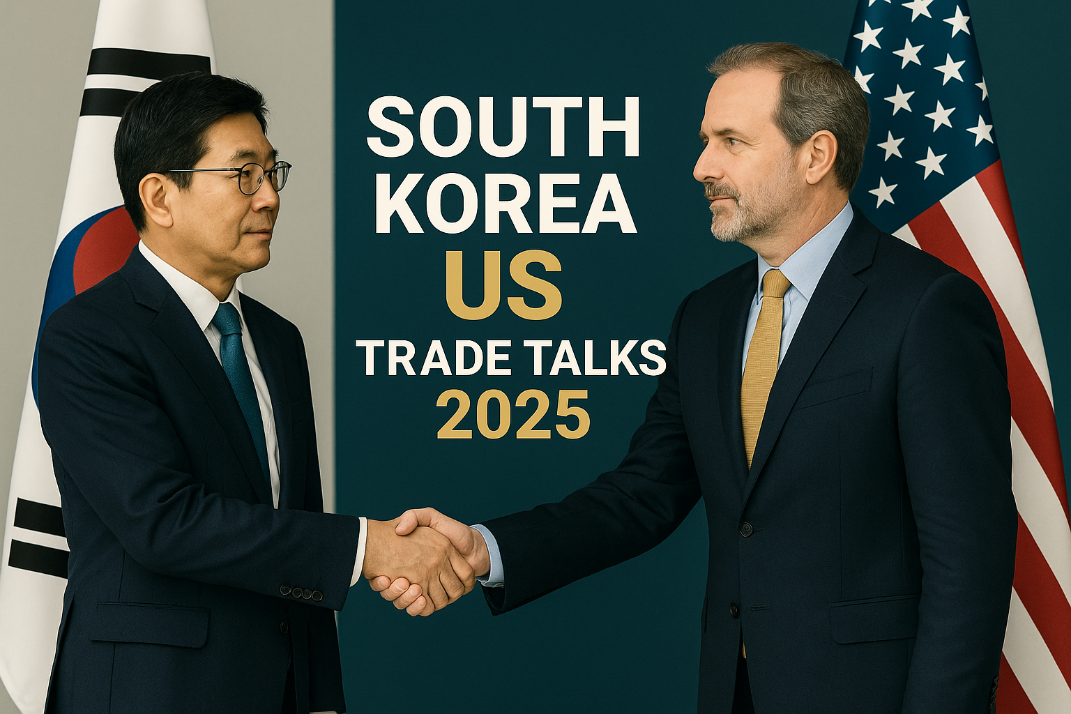 Two diplomats shaking hands in front of South Korean and US flags, with bold text reading “South Korea US Trade Talks 2025” — representing key 2025 bilateral negotiations on trade tariffs.