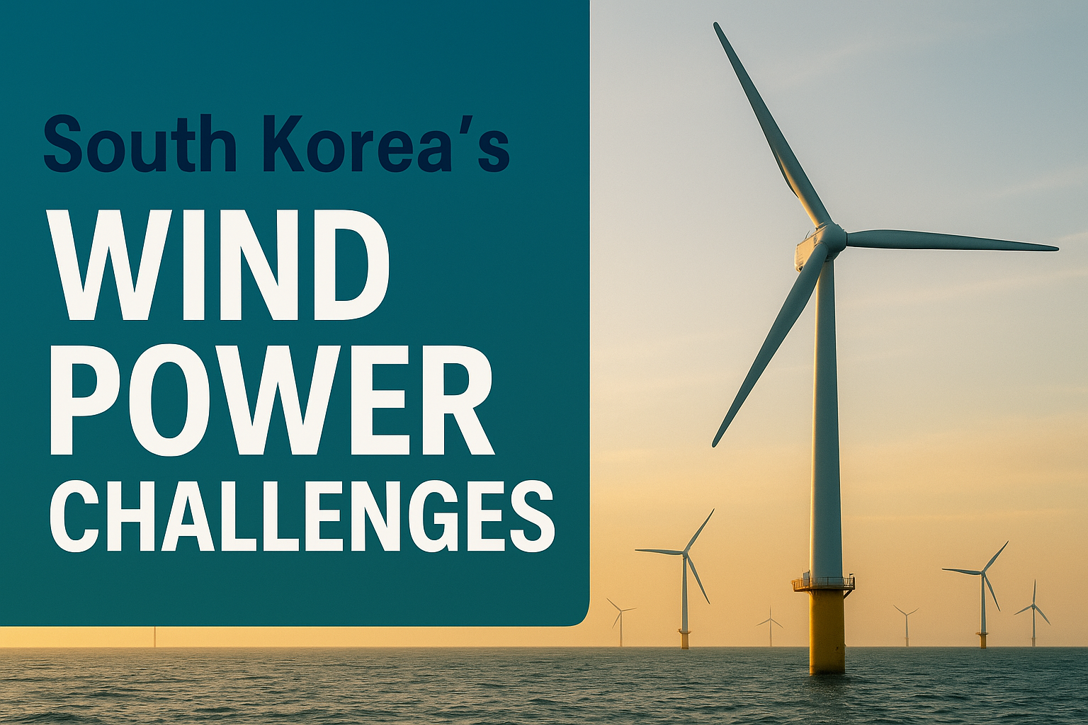 South Korea Wind Power Challenges illustrated with offshore wind turbines at sunset and bold business-themed text in teal and soft gold tones.