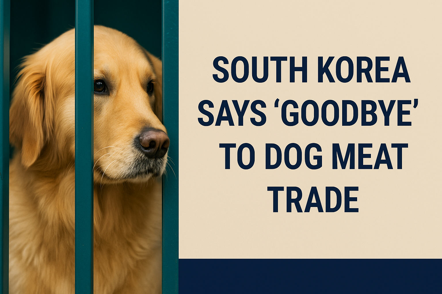 Banner image of a Golden Retriever behind teal bars, symbolizing the South Korea dog meat ban, with the title in bold navy text on a beige background.