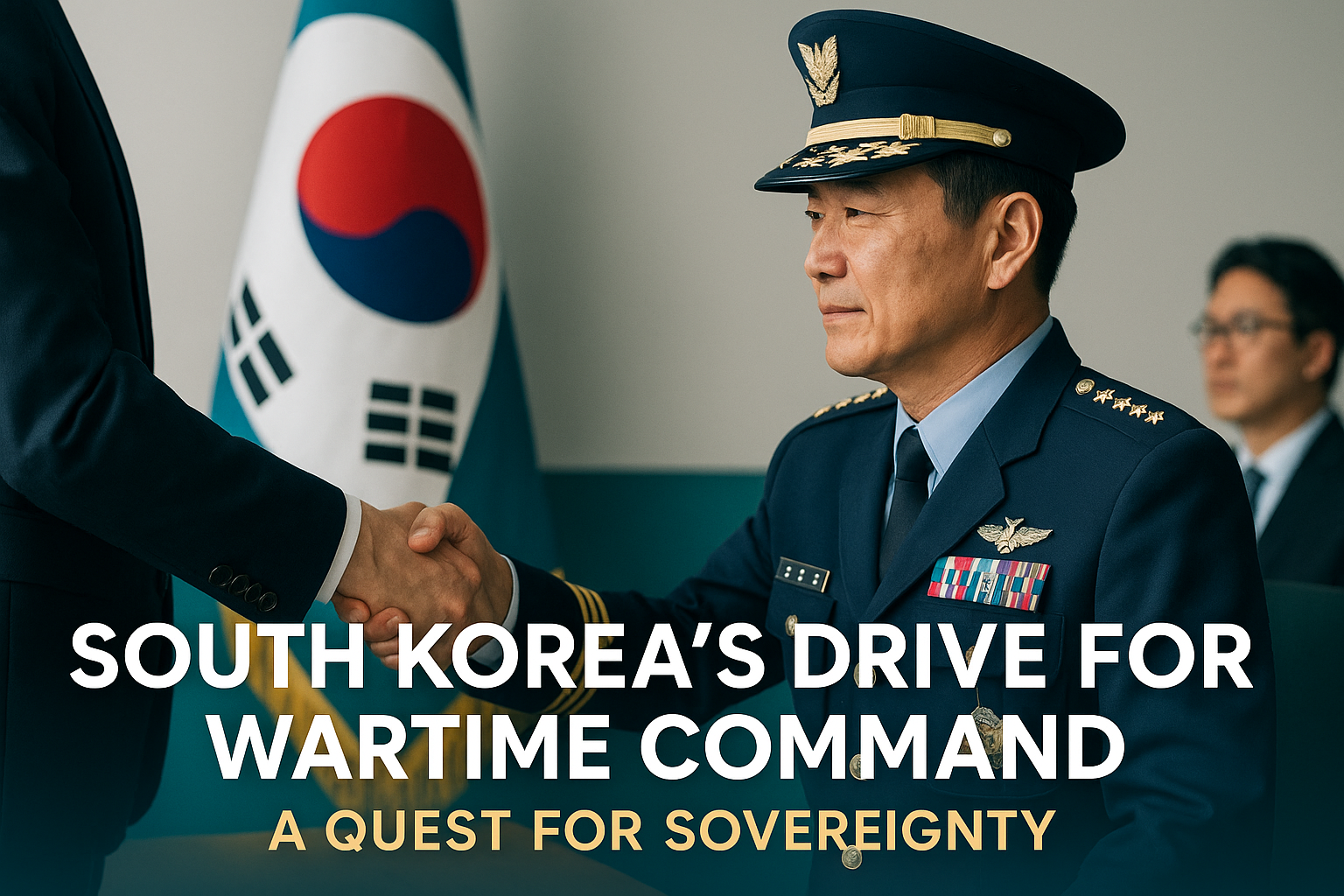 South Korean general shaking hands during OPCON transfer talks, symbolizing South Korea wartime OPCON transfer.