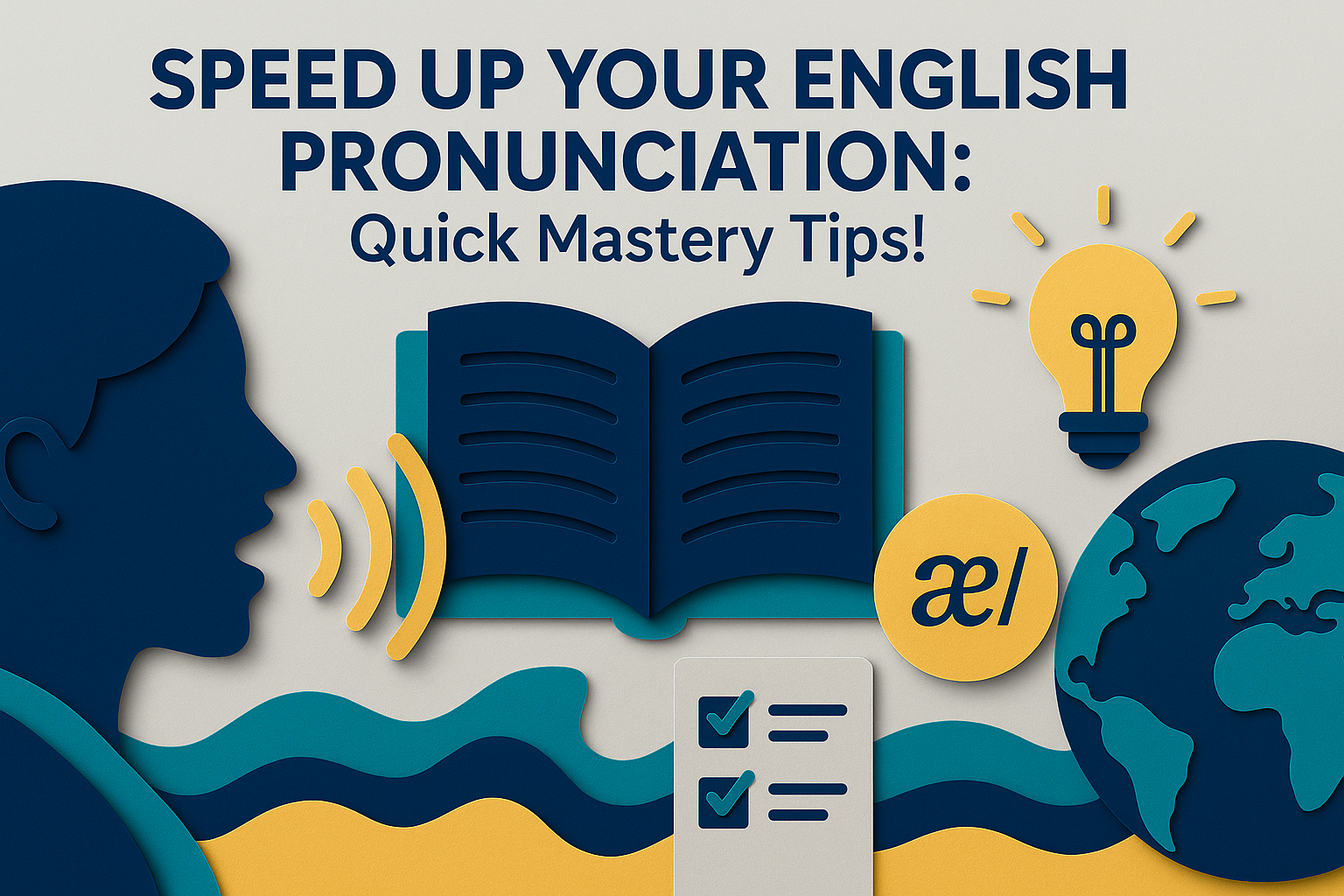 A 3D paper cut art banner titled “Speed Up Your English Pronunciation: Quick Mastery Tips!” featuring a profile speaking, sound waves, a book, checklist, lightbulb, and global accents — ideal visual for an article on how to speed up your English pronunciation.
