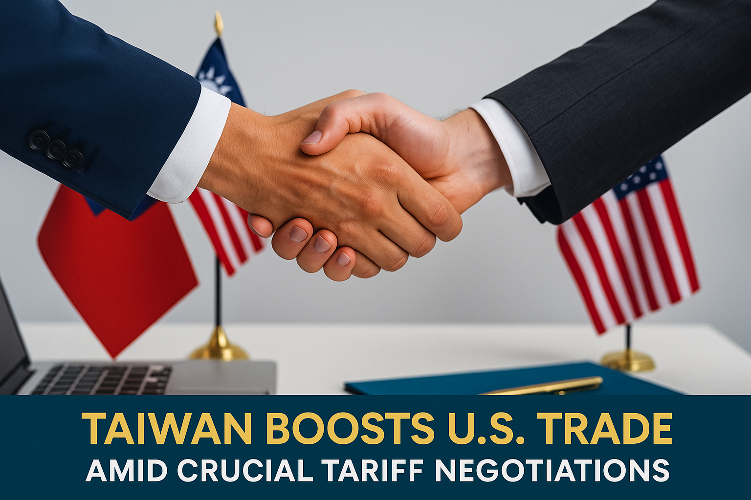 High-resolution banner image illustrating Taiwan and US tariff negotiations with handshake, flags, and the title text placed clearly at the bottom center in brand colors.