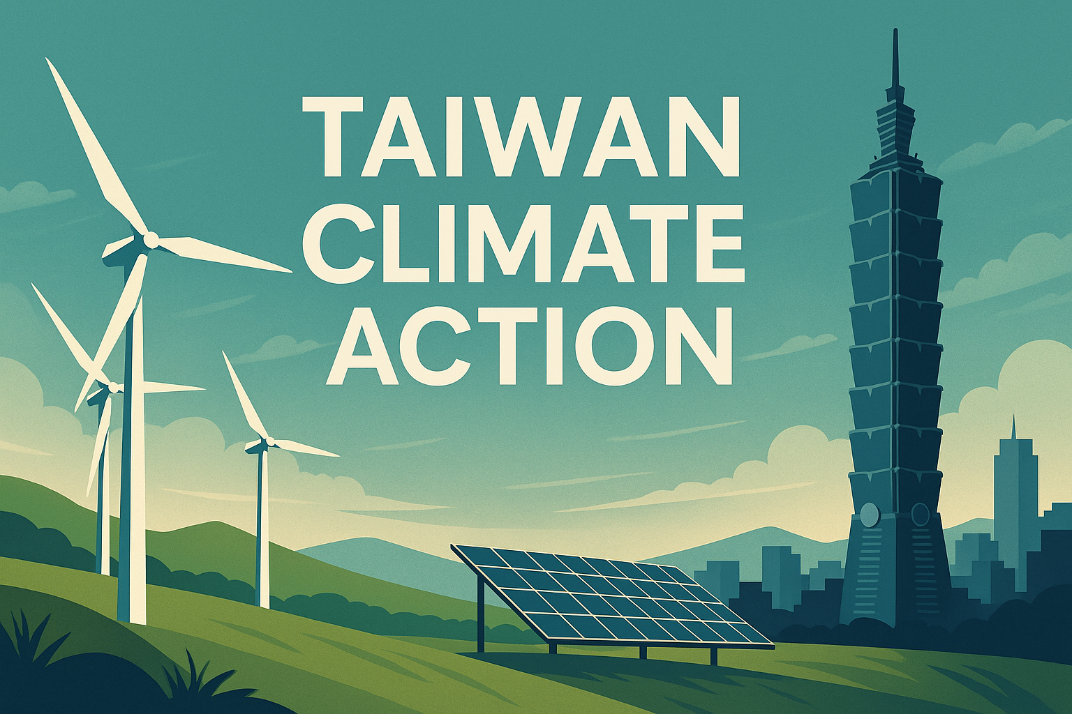 Digital banner showing Taiwan climate action with Taipei 101, wind turbines, and solar panels in a lush green landscape.