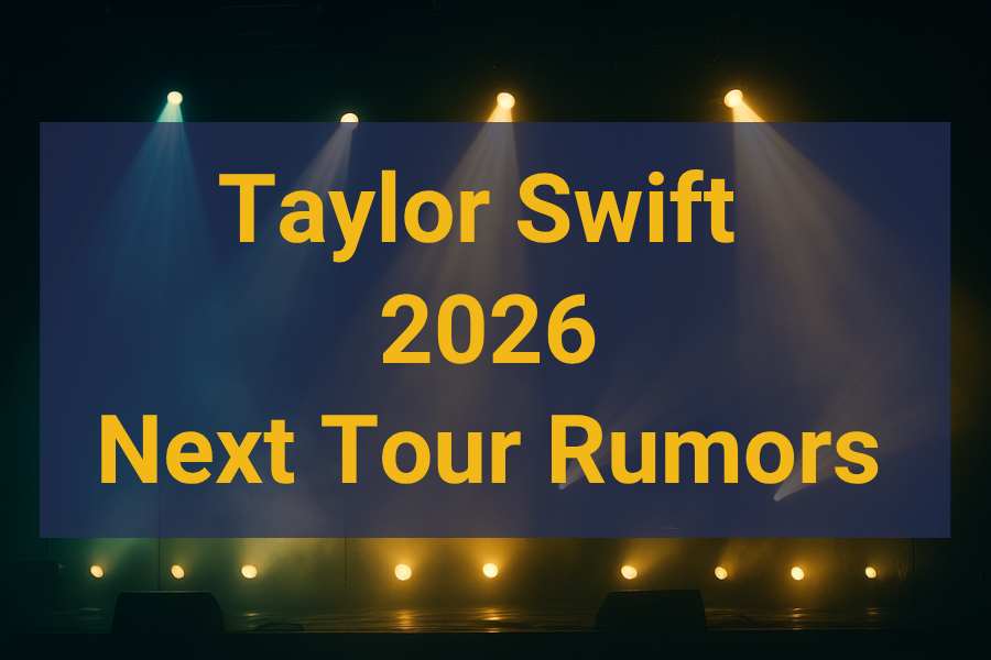 Photographic concert stage with teal and gold lights, symbolizing excitement around Taylor Swift next tour rumors.