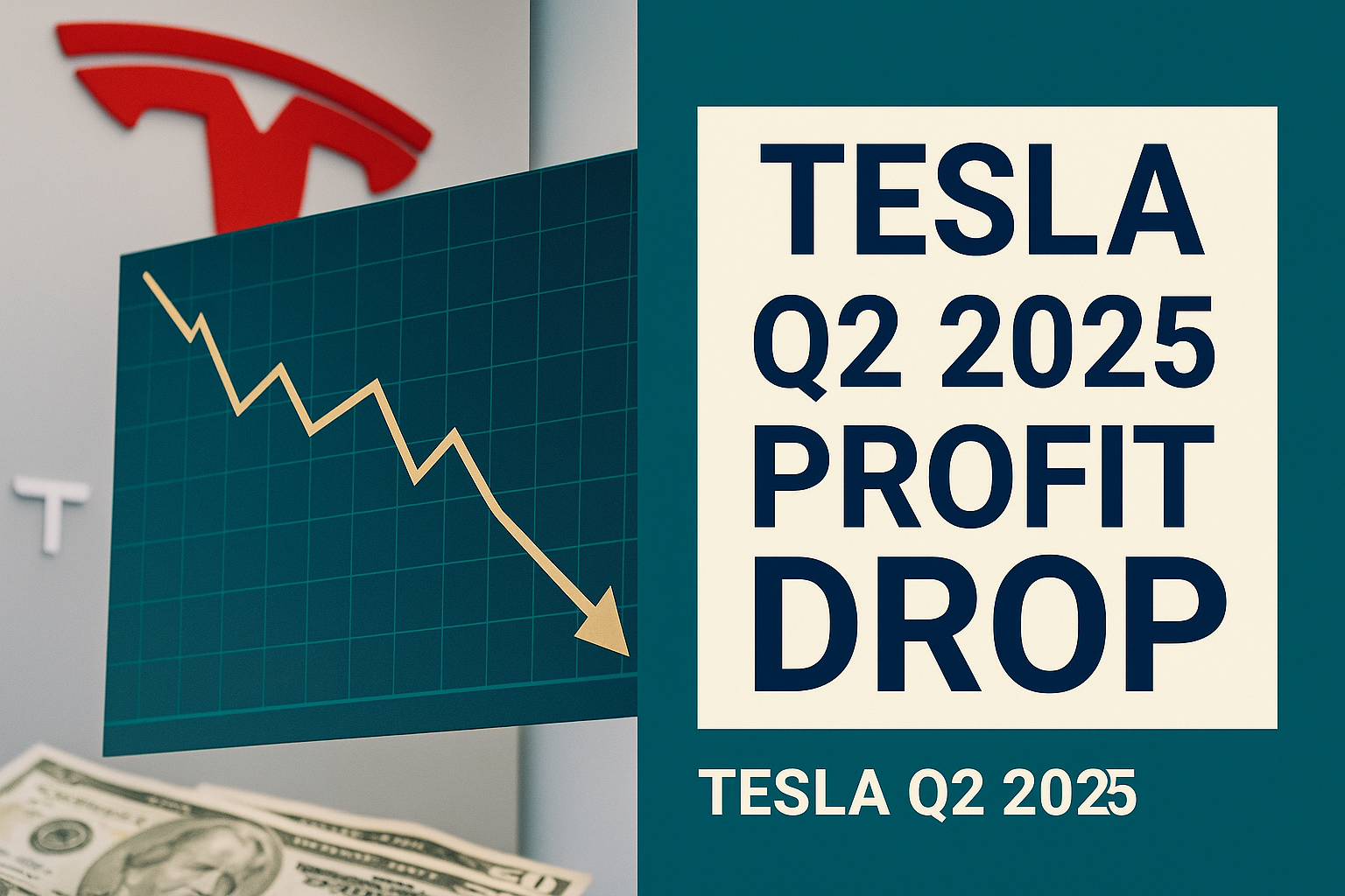 Tesla Q2 2025 profit drop graph with downward arrow, currency imagery, and Tesla logo in navy and teal business theme.