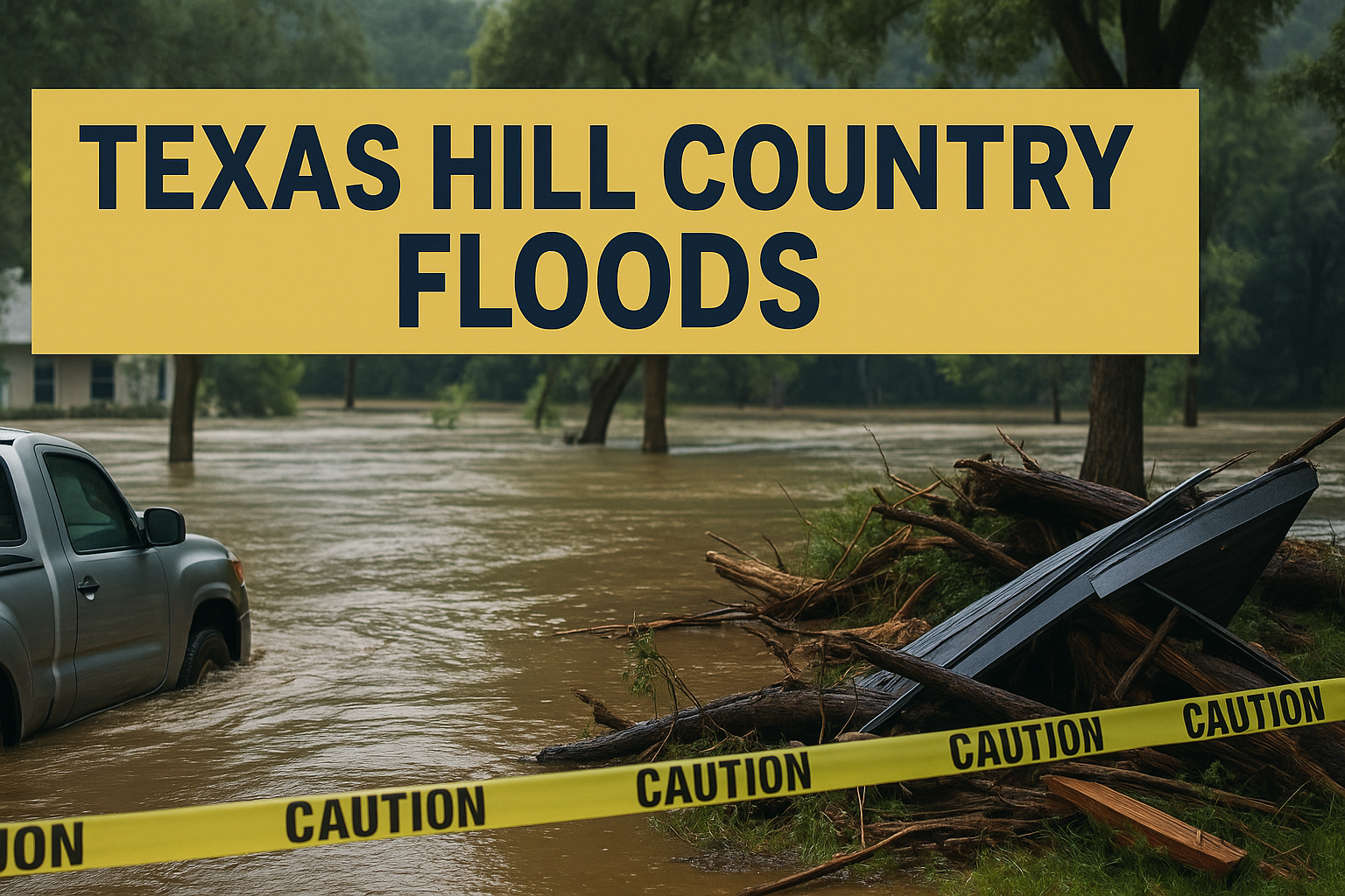 A photographic-style banner showing the aftermath of the Texas Hill Country floods, with submerged vehicles, damaged structures, and caution tape—visually capturing the impact of the disaster.