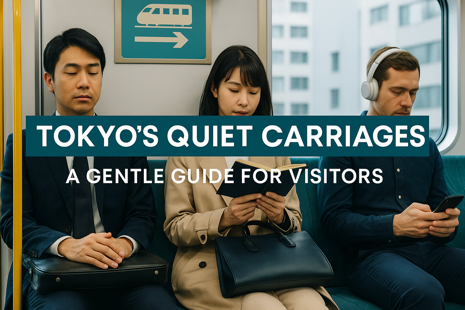 Banner image showing Tokyo train etiquette in action: three passengers sitting quietly in a modern Tokyo train, representing the peaceful culture of Japanese public transport.
