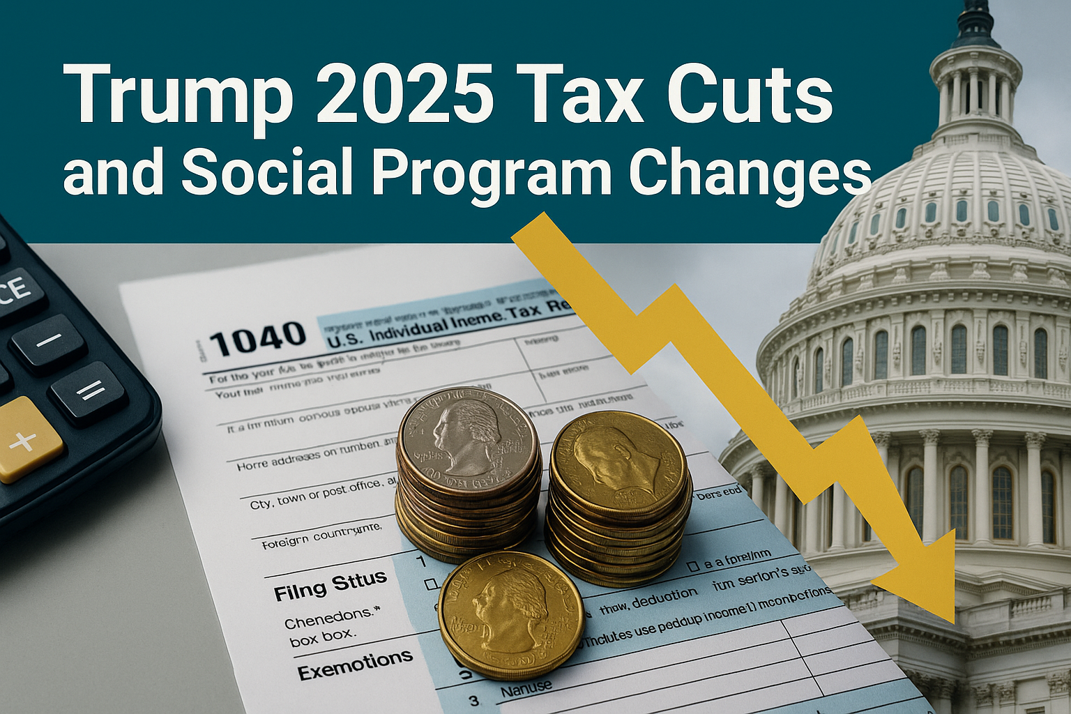 Photographic-style banner for “Trump 2025 tax cuts and social program changes” featuring U.S. tax forms, Capitol building, and coins, symbolizing the financial impact of new legislation.