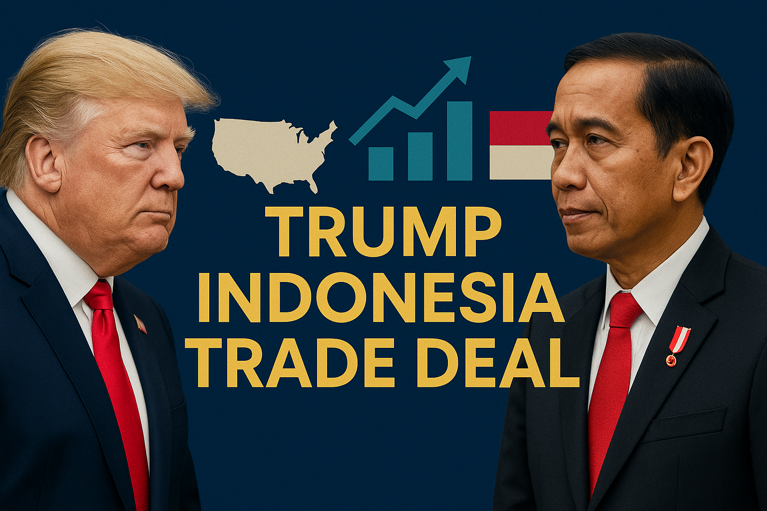 Banner image illustrating the Trump Indonesia trade deal, featuring symbolic elements of international trade such as cargo ships, the U.S. and Indonesian flags, and business silhouettes in a global setting.