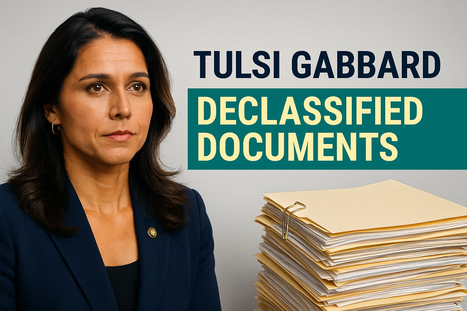 A digital banner showing Tulsi Gabbard next to a stack of manila folders with the headline “Tulsi Gabbard Declassified Documents” in navy and soft gold text on a teal background.
