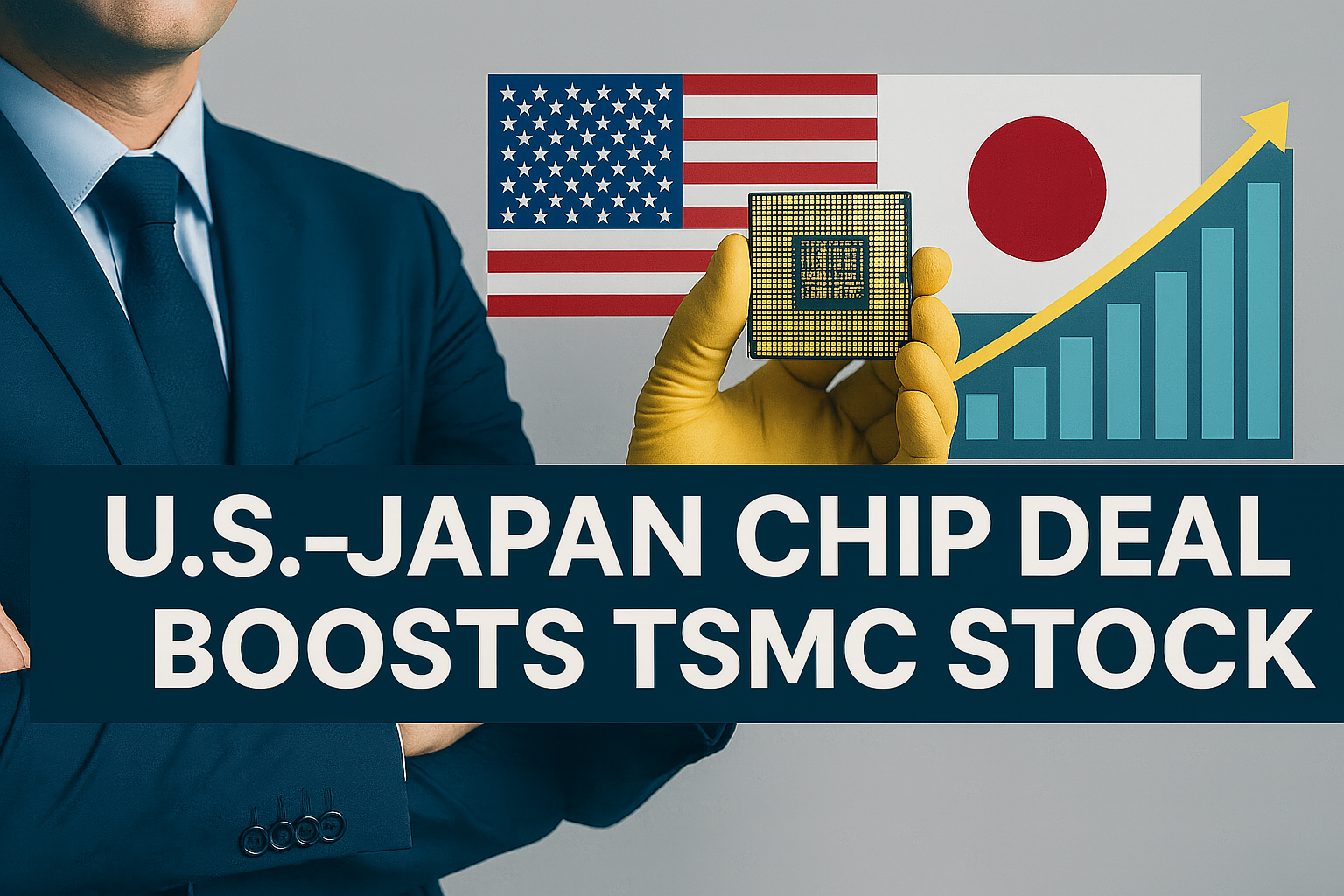 Banner image illustrating how the U.S.-Japan chip deal boosts TSMC stock, featuring national flags, a semiconductor chip, and a stock chart.