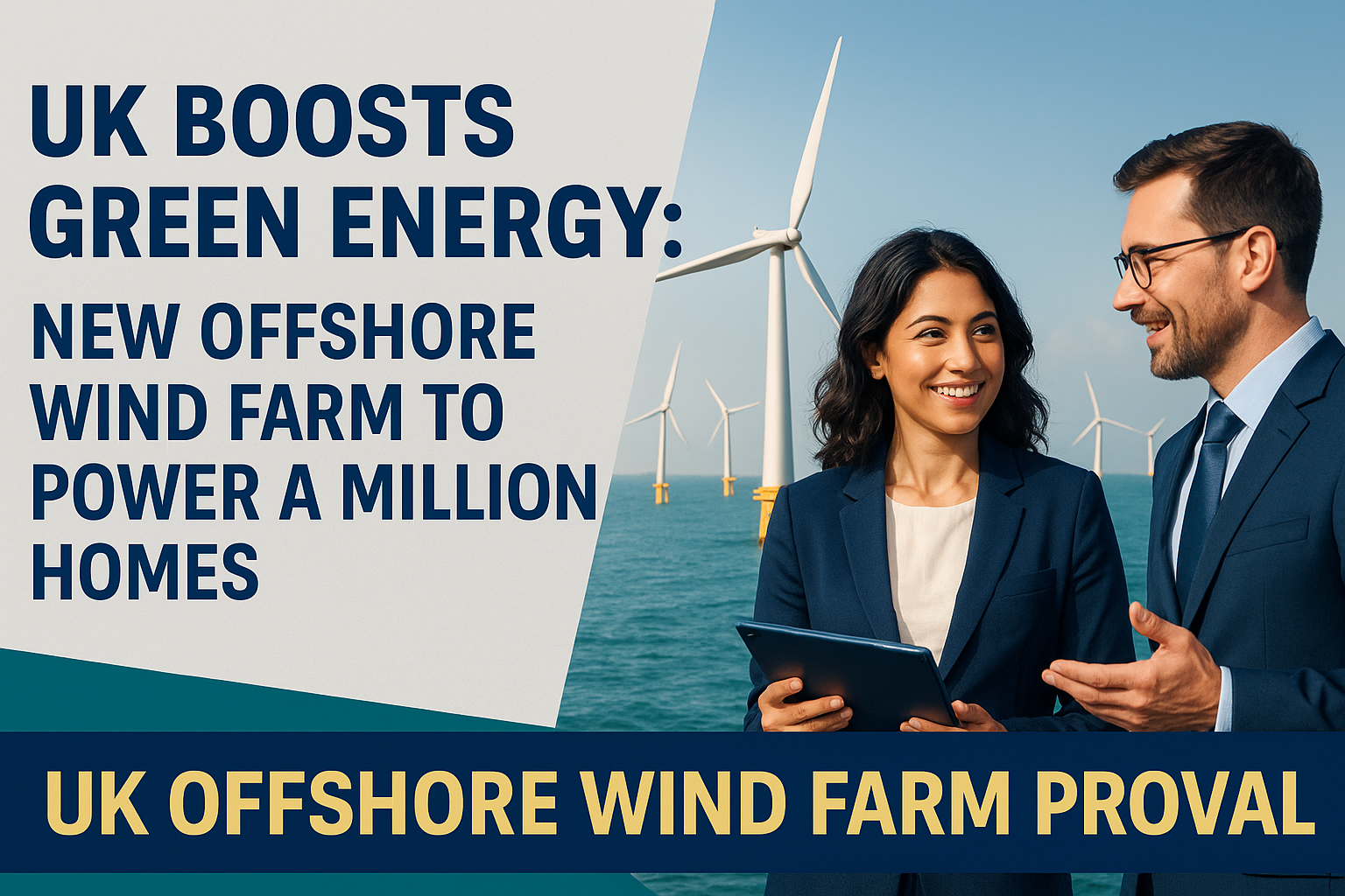 Banner image showing two professionals discussing UK offshore wind energy in front of turbines at sea. Text highlights the UK offshore wind farm approval to power a million homes.
