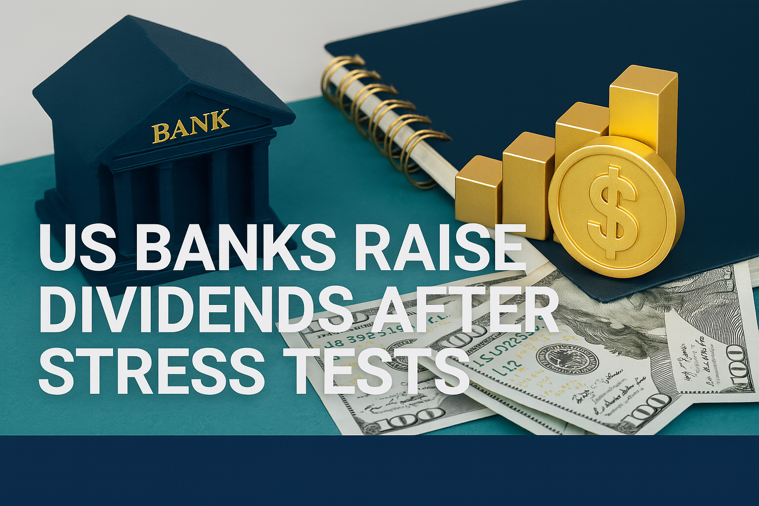 Banner image showing the phrase “US Banks Raise Dividends After Stress Tests” in bold white Roboto font, over a teal and navy background featuring a blue model bank, gold graph blocks, and U.S. hundred-dollar bills.