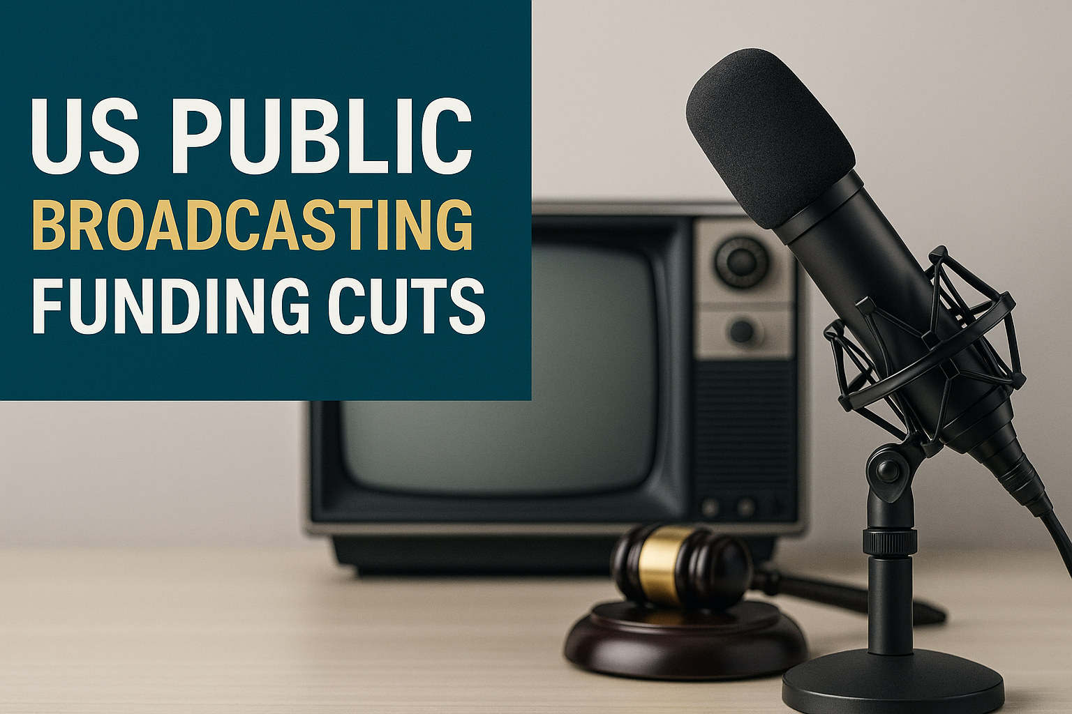 Banner showing US public broadcasting funding cuts with vintage TV, gavel, and podcast microphone, highlighting the focus keyphrase ‘US public broadcasting funding cuts.’