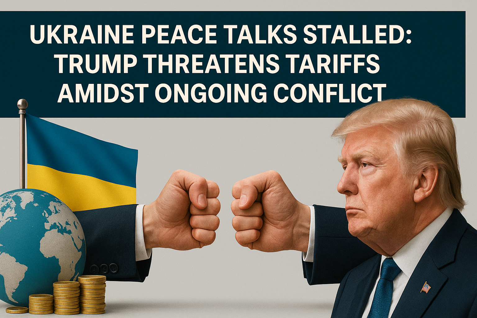 "Ukraine peace talks Trump sanctions — banner showing Trump facing off against symbolic Ukrainian resistance, with fists raised and economic symbols in the foreground."