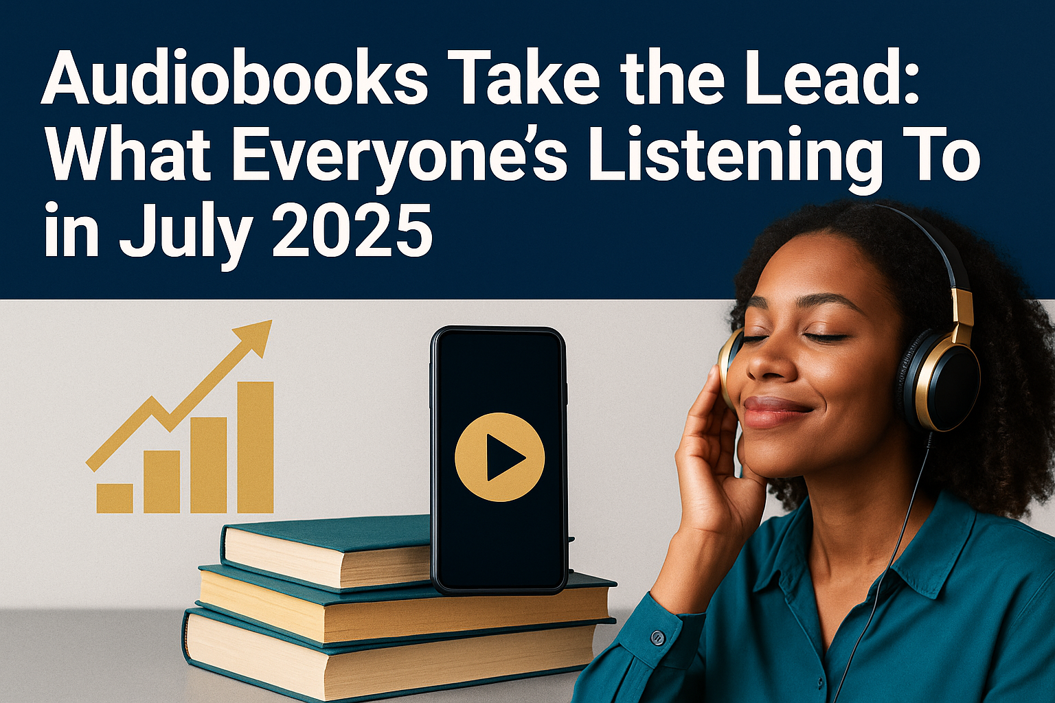 Banner image for article on audiobook bestsellers, showing a woman enjoying audio content, books, a smartphone, and a rising chart with brand colors.