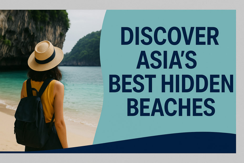 Banner promoting the best hidden beaches in Asia, showing a woman in a hat standing on a secluded tropical beach with limestone cliffs and turquoise water.