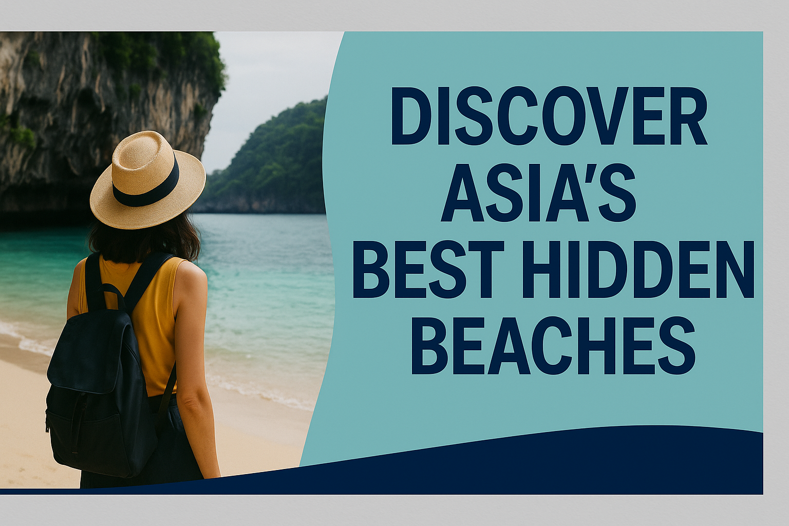 Banner promoting the best hidden beaches in Asia, showing a woman in a hat standing on a secluded tropical beach with limestone cliffs and turquoise water.