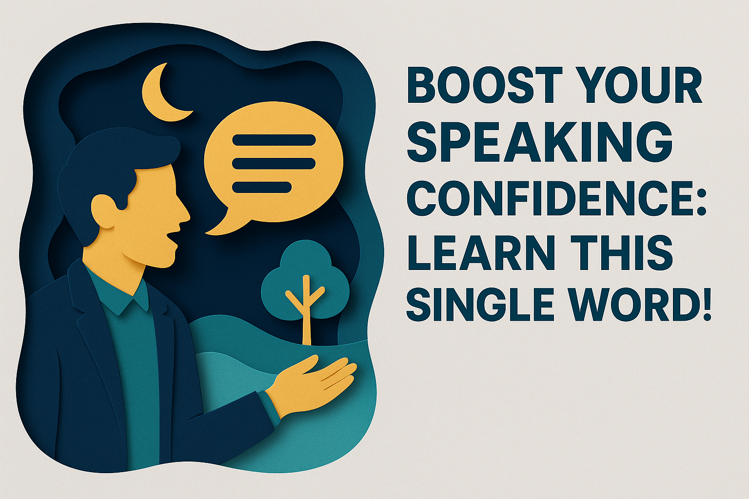 3D paper cut illustration with a man speaking under a speech bubble, styled in navy blue, soft gold, teal, and light gray with the title "Boost Your Speaking Confidence: Learn This Single Word!" in bold Roboto font.