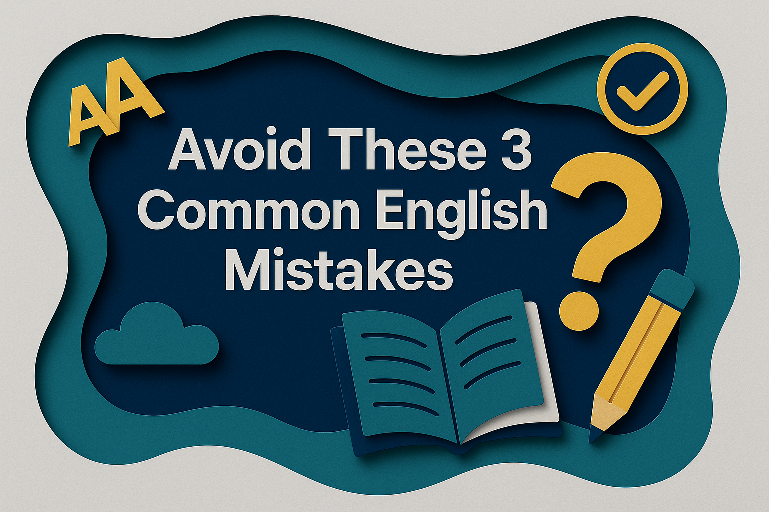 Banner image showing the title 'Avoid These 3 Common English Mistakes' in 3D paper cut art style with navy blue, soft gold, light gray, and teal highlights.