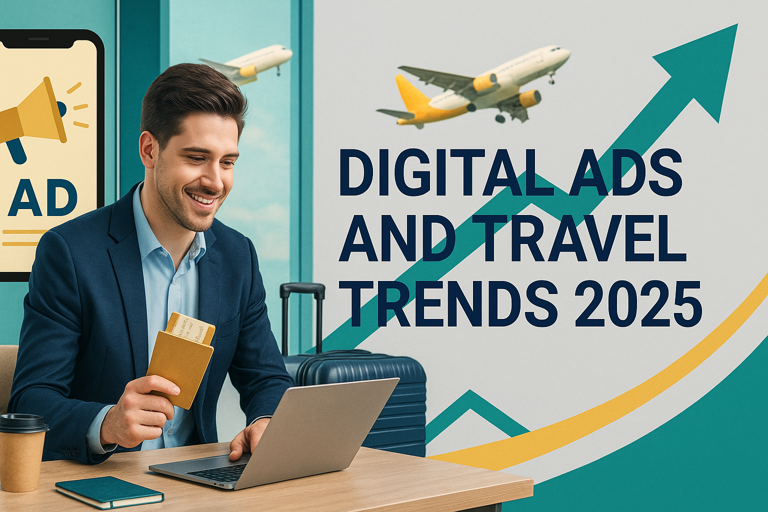 Banner showing the title “DIGITAL ADS AND TRAVEL TRENDS 2025” in navy-blue font, with a business traveler using a laptop at an airport lounge, an airplane taking off outside, and digital ad icons in the background. Design includes soft gold and teal upward arrows on a light gray background.