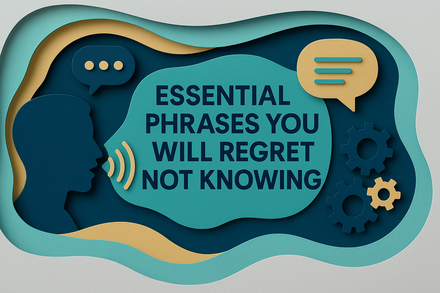 3D paper cut art banner showing communication visuals and the title “Essential Phrases You Will Regret Not Knowing” in bold navy text—styled for professional English learners.