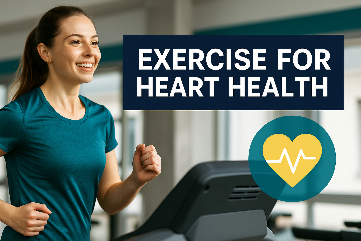 A wide photographic banner shows a woman walking briskly on a modern treadmill. The overlay text reads “Exercise for Heart Health: Benefits for All Ages” in Roboto Bold. The background features a clean, well-lit fitness setting with brand colors: navy blue, soft gold, light gray, and teal.