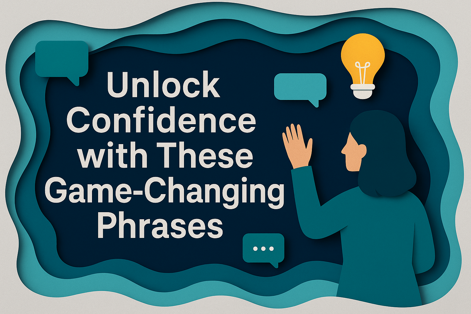 Banner image showing “Unlock Confidence with These Game-Changing Phrases” in a 3D paper-cut art style with a woman raising her hand beside a glowing lightbulb and speech bubbles, featuring brand colors and the focus keyphrase game-changing phrases for confidence.