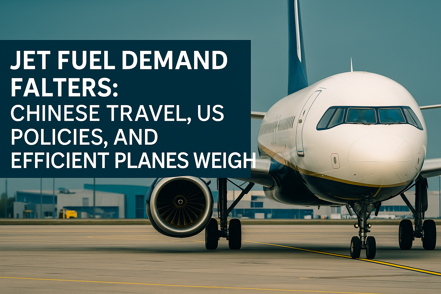 A parked commercial airplane with navy and gold accents sits on the tarmac under a gray-blue sky, symbolizing the global jet fuel demand slowdown.
